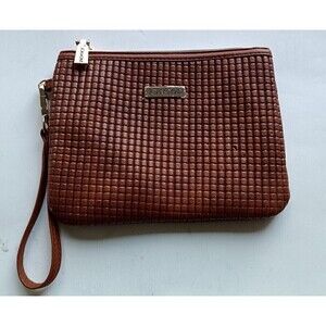 Joan & David Travel Makeup Wristlet Beauty Pouch Cosmetic Bag Brown Textured